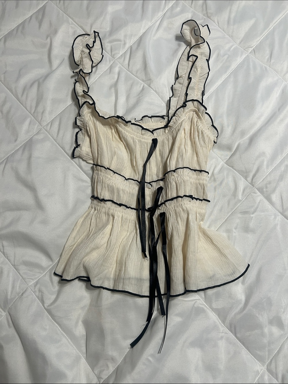 Mine-Cream Ruffle Tie-Front Peplum Tank with Black Trim